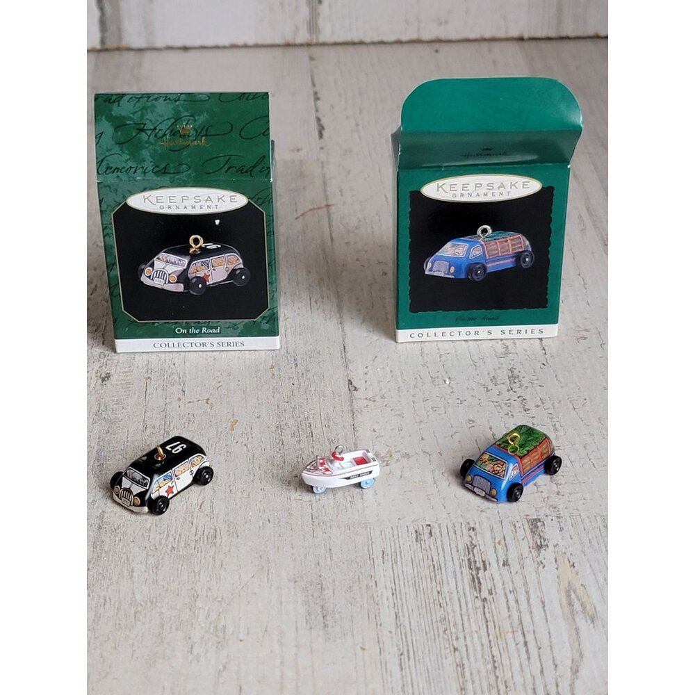 Hallmark miniature boat cop car van‎ ornament Xmas set vehicle